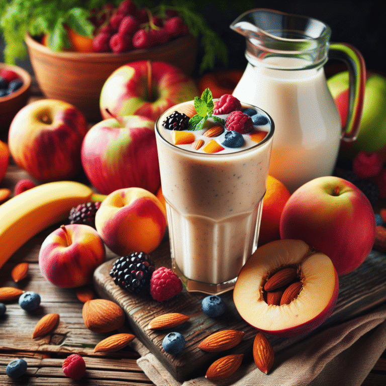 Smoothie vegano com leite de amêndoas e frutas da estação